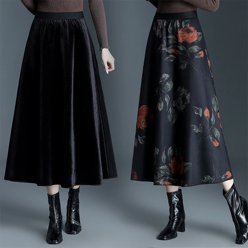 

Осенне-зимняя утепленная юбка с высокой талией, женская, эластичная, из двустороннего бархата, с цветочным принтом, А-силуэт, юбка-солнце, длинная, S...