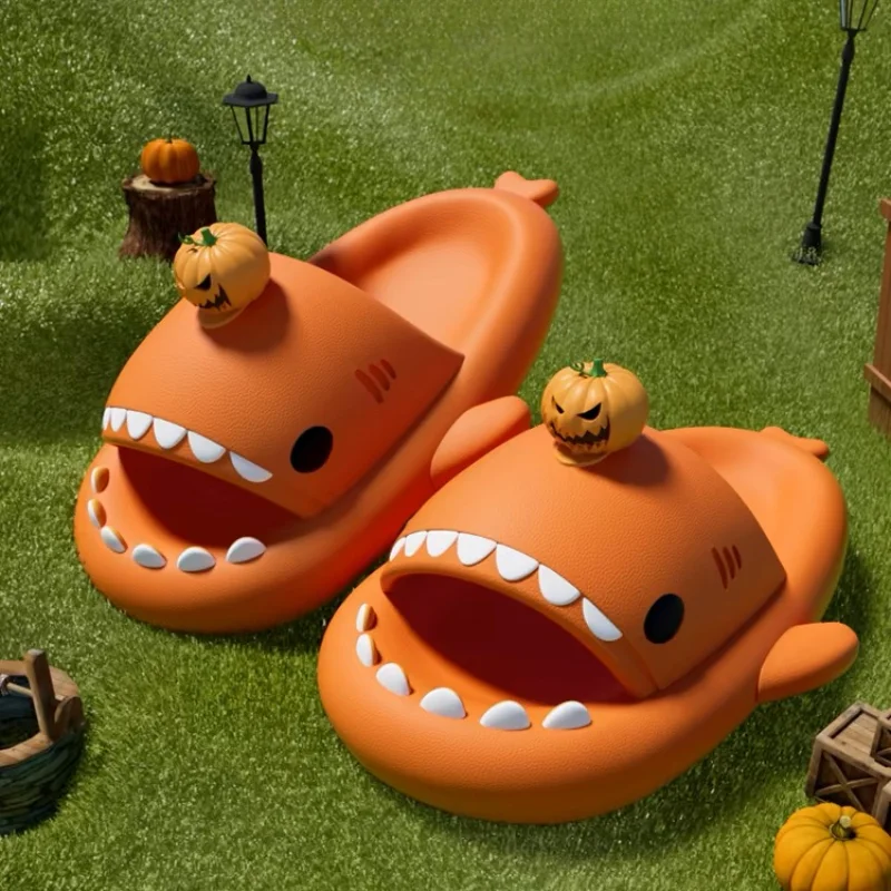 Funny Halloween Pumpkin DIY Shark Slippers Women Men Indoor Bathroom Summer Platform Shoes 4cm Thick Sole Couples Beach Slides