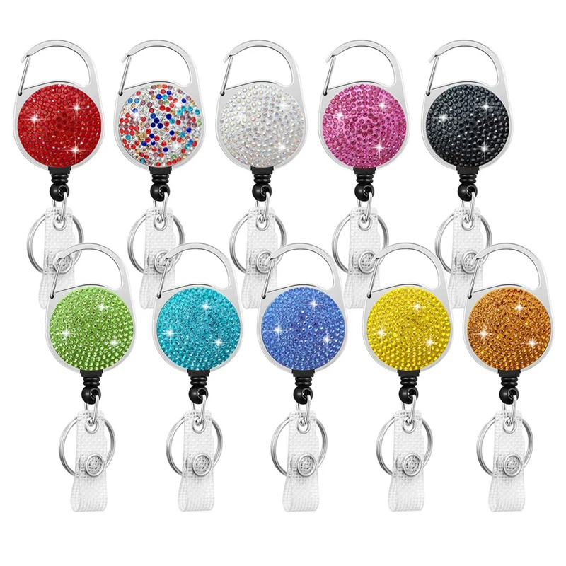 

10 Piece Retractable Badge Holders Rhinestone Badge Reel Retractable Keychain Heavy Duty Retractable Id Badge Clip