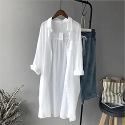 Blusa larga blanca de algodón para mujer, camisas blancas informales de manga larga, Tops holgados de talla grande con bolsillos, blusa de alta calidad 2019