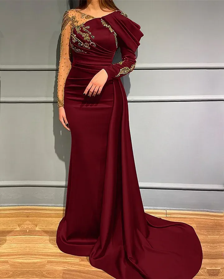 

Вечернее платье-Русалка с открытыми плечами, длинным рукавом и оборками