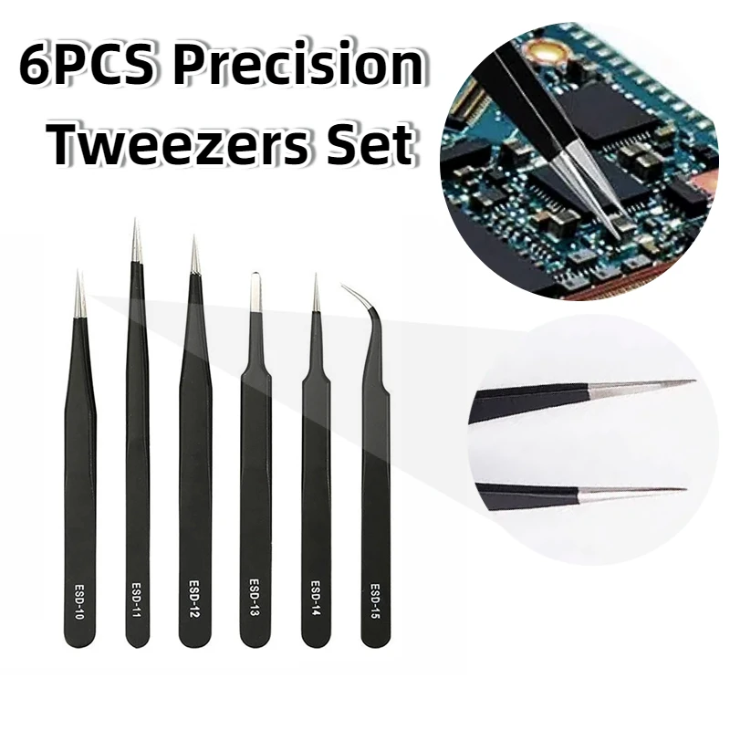 

6PCS Precision Tweezers Set ESD Anti Static Tweezers Repair Tools For Electronics Repair Soldering Craft Process Modeling New