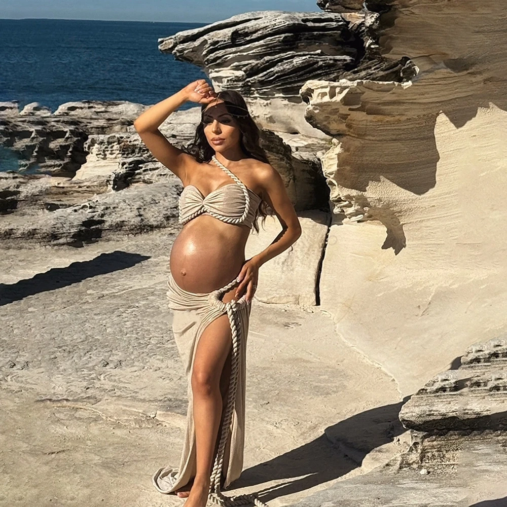 Sexy Maternity Photography Dress Bra+Long Skirts Pregnancy Shooting Ruched Body Maxi For Beach Vacation Pregnant Photoshoot Gown