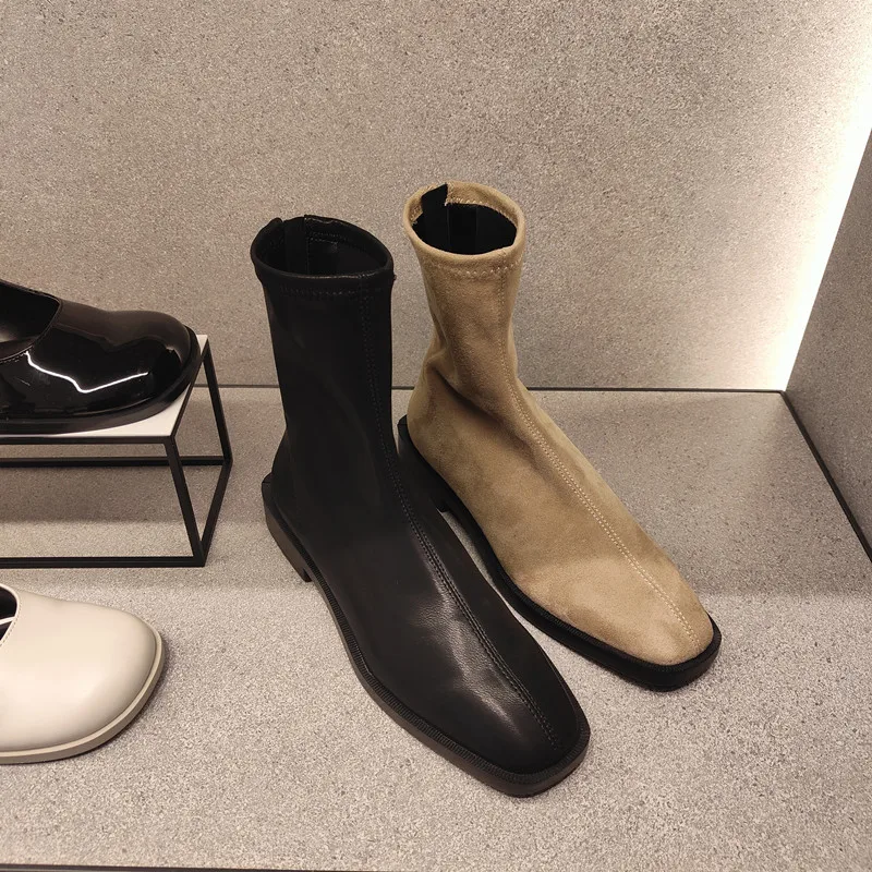 Fashion Faux Suede Stretch Boots Autumn Winter Ankle Boots Low Heels Square Toe Lady Short Boots Women Shoes
