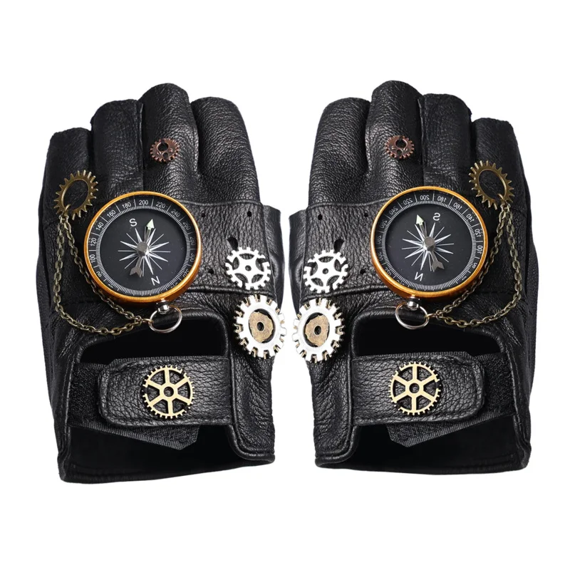 Steampunk pu leather fingerless compass gloves men women fashion hip hop punk gloves half finger gloves