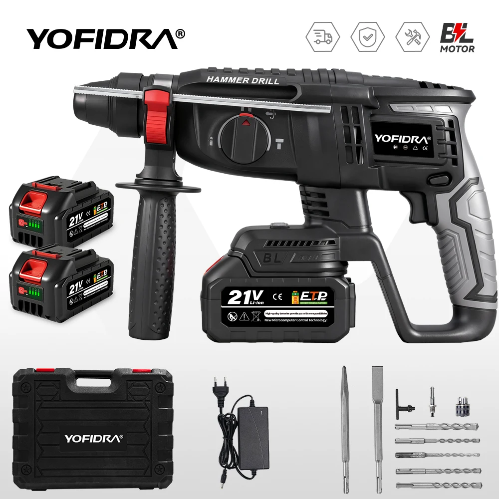 YOFIDRA 1680W Bürstenloser Elektrohammer Akku-Multifunktionsbohr-Schlagbohrmaschine Dreh-Elektrowerkzeug für 21V 18V Akku