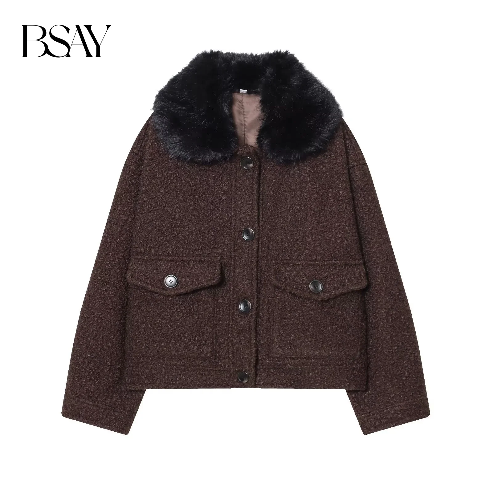 

BSAY Hairy Collar Twill Coat for Women Fashion Autumn Winter Long Sleeved Single-breasted Pocket Short Coats Chic Ladies Tops