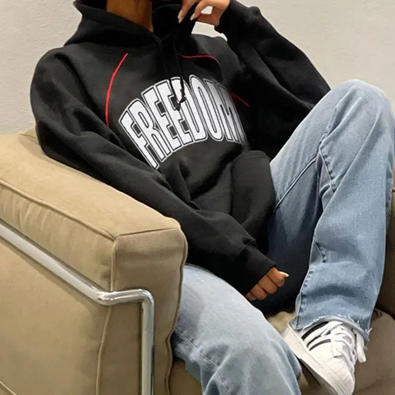 Hooded Sweater High Quality Letter Printed Shoulder Pocket Female American Warm Loose Joker Casual Hooded Sweater Top.