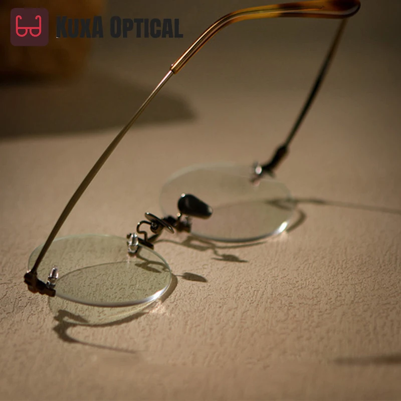 

Men Prescription Glasses Recipe Bronze Retro Vintage Glasses Men Pure Titanium Round Rimless Optical Lenses Myopia Eyewear