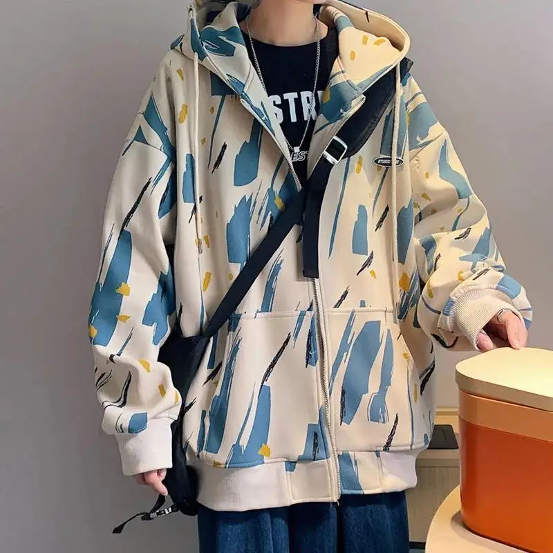 Autumn and Winter New Arrival Hooded Jacket Men's Korean Style Printed Loose Zipper Sports Short Coat Casual Basics Jackets Male