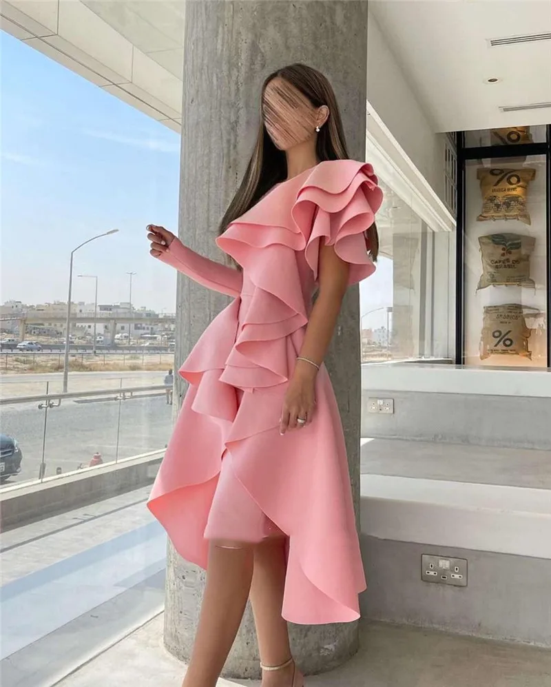 

Vintage Blush Pink Matte Satin Prom Party Dresses O-Neck Long Sleeves Ruffles Knee Length Evening Dresses فساتين سهره