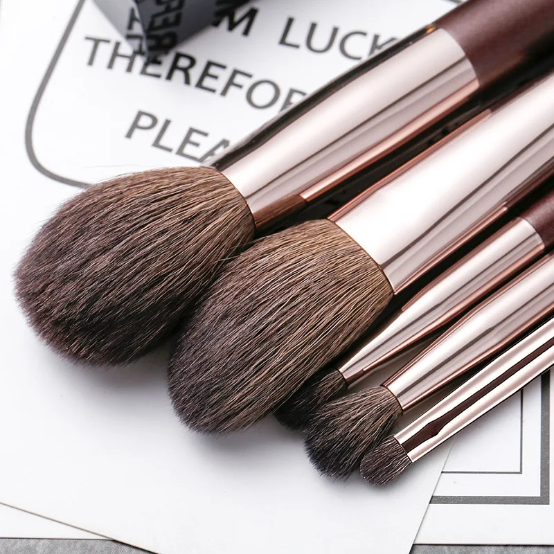 Set di pennelli per trucco in pelo di capra da 5 pezzi con borsa - Kit di pennelli cosmetici professionali portatili in legno naturale per fard per ombretto