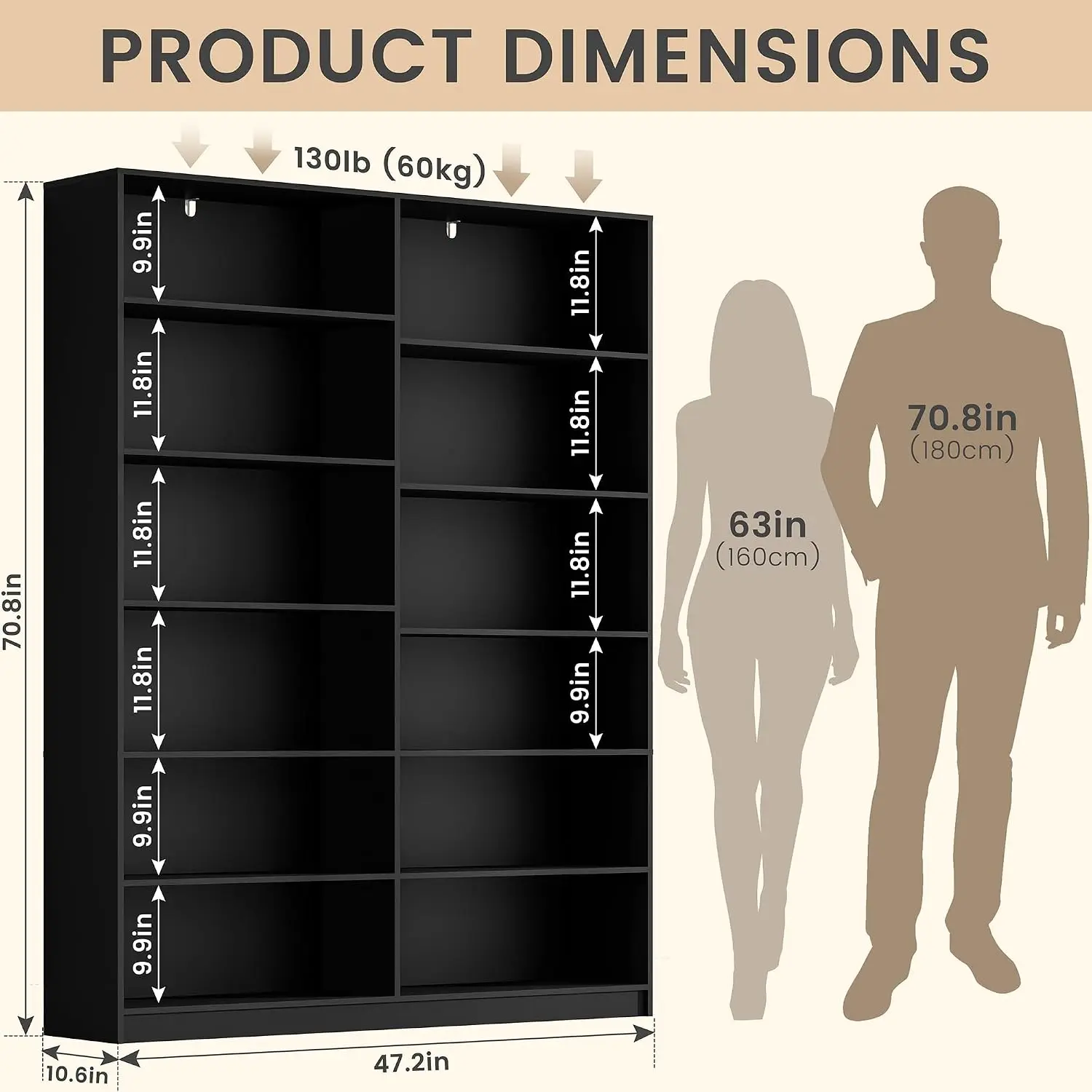 Black Bookcase 12 Open Shelves Freestanding Display Storage Home Library Living Room Bedroom Office 2PC, Customized
