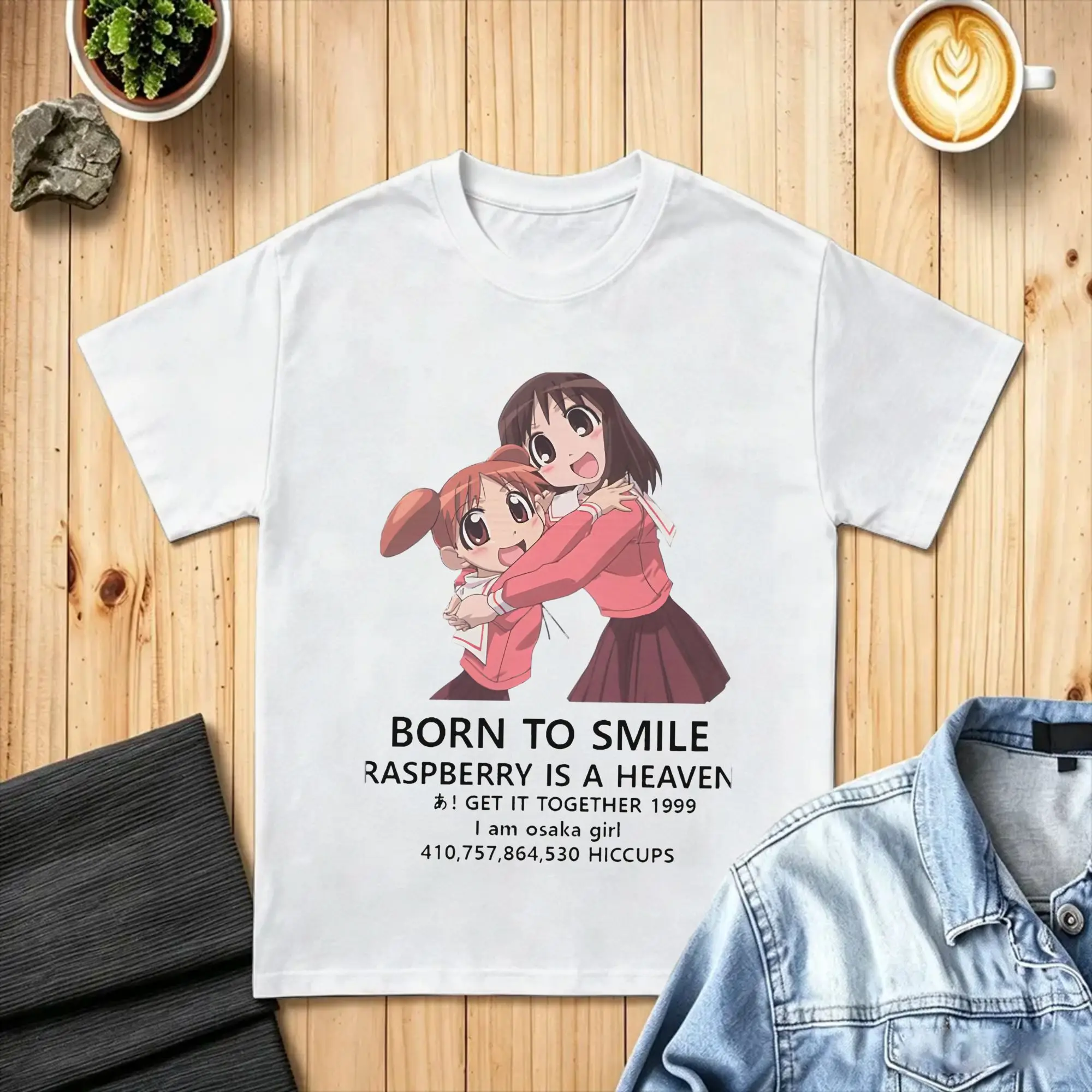 Vintage Azumanga Daioh Meme T-Shirts for Men O Neck Cotton T Shirts BORN TO SMILE Short Sleeve Tees Gift Idea Clothing