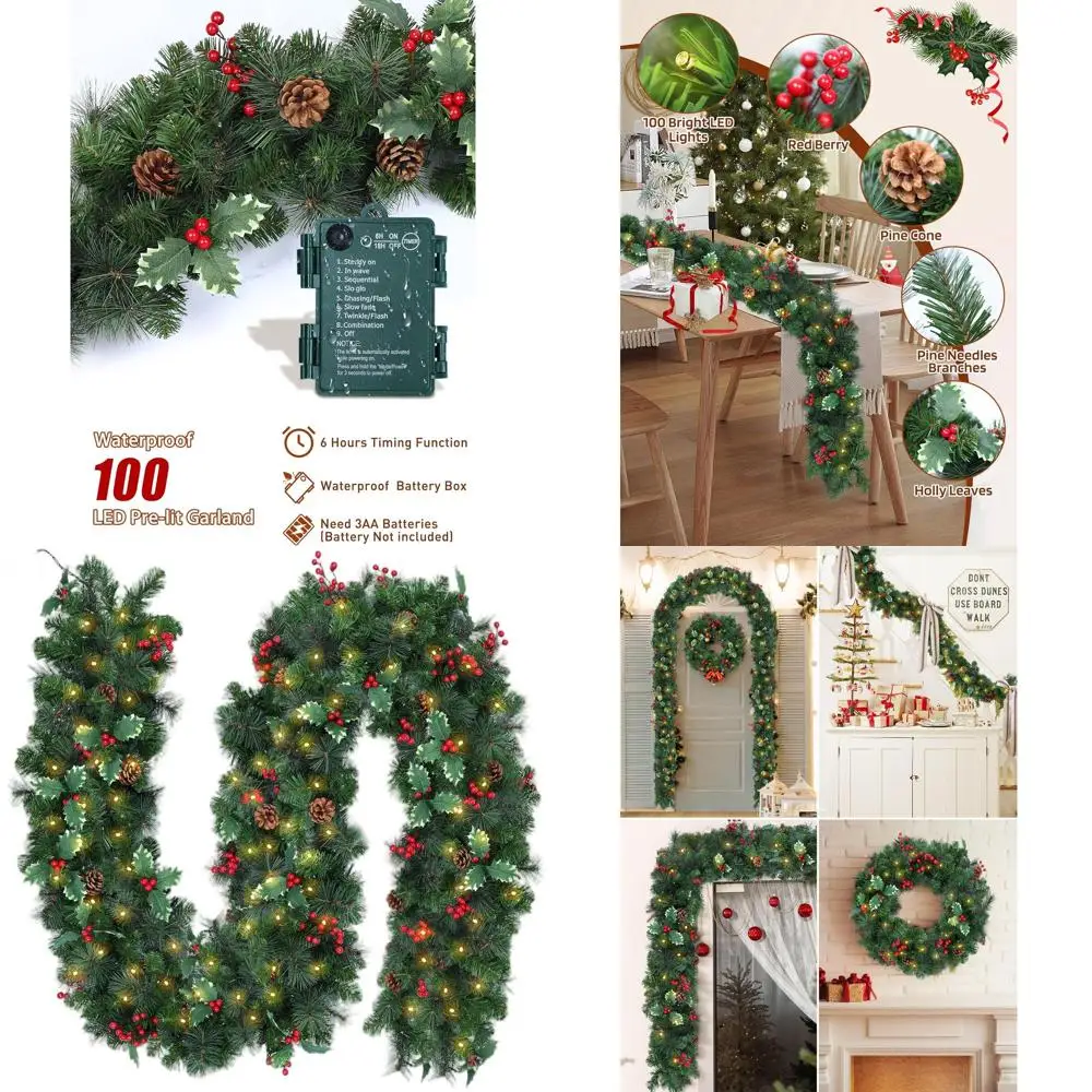 

9-Foot 100-LED Waterproof Christmas Garland with Pine Cones, Berries, 8 Light Modes & Timer for Outdoor Stairs and Fireplace