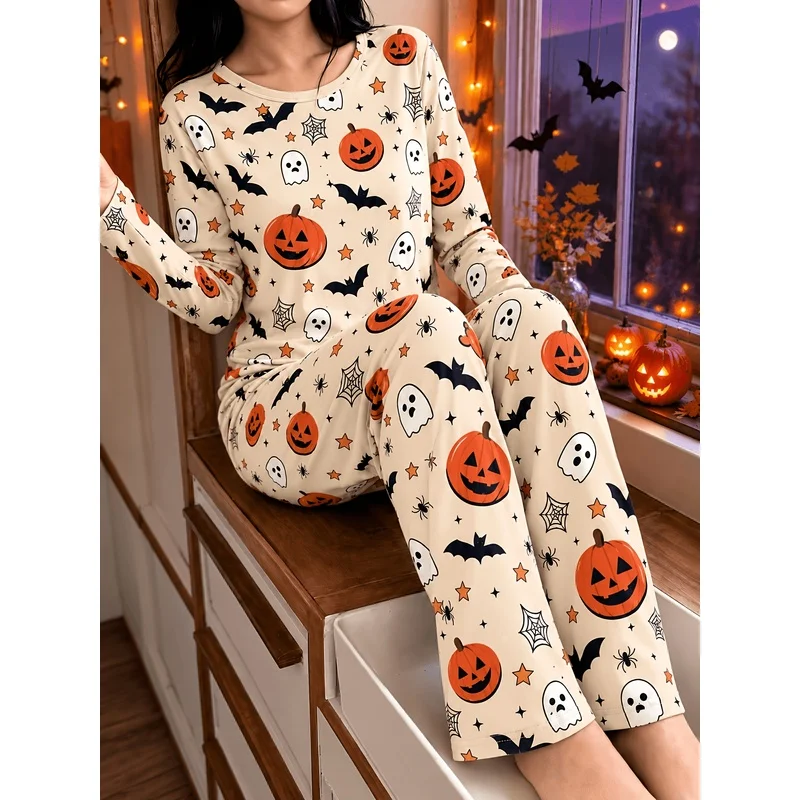 Halloween loungewear pants，Ladies' fashionable,elegant, and cute pajama set for autumn and winter，Suitable for everyday home use
