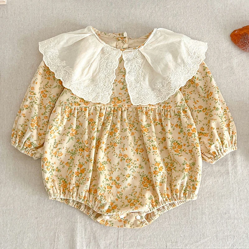 

Newborn Kids Baby Girls Long Sleeve Lace Collar Printing Jumpsuits Spring Autumn Infant Baby Girls Sweet Rompers Clothes