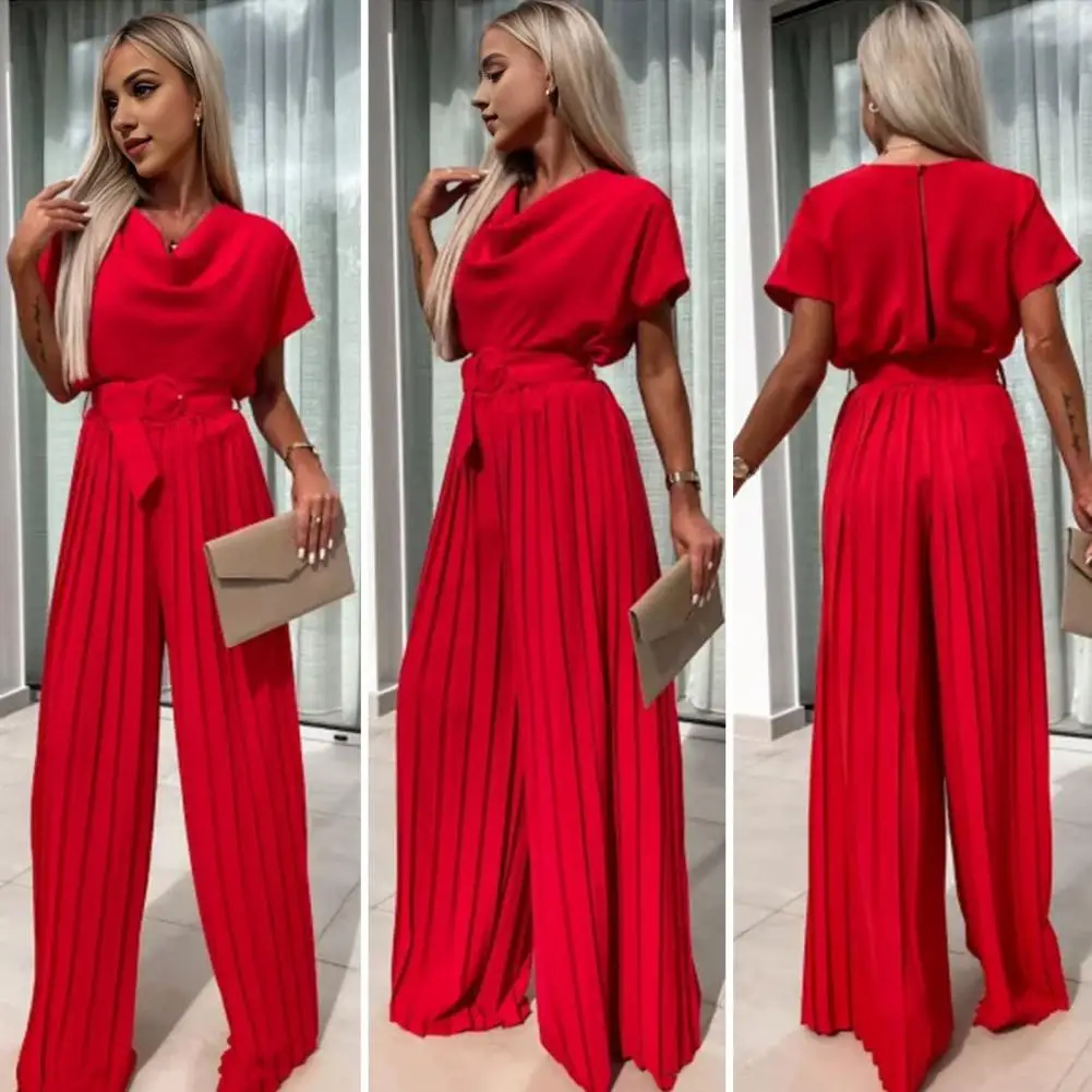 

Women Jumpsuit Elegant Women's Wide Leg Jumpsuit with Belted Waist Pleated Collar for Formal Occasions Office Wear Pure Color