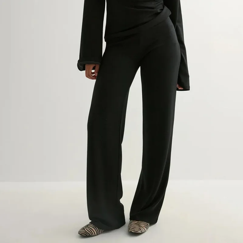 Conjunto ultraconfortável, gola redonda, manga microflares, conjunto de calças retas de cintura alta, elegante, duas peças, roupa de dormir