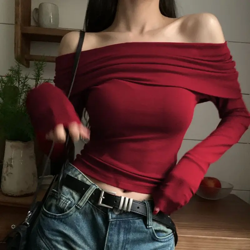 Wine Red American Style Vintage Hottie Long Sleeved T-shirt Female Off Shoulder Sexy Long Sleeved Slim All-match Bottoming Shirt