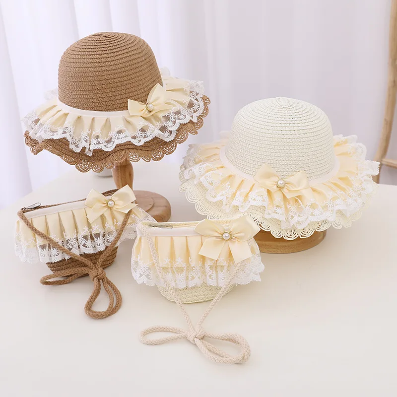 Child Sun Hat Baby Girl Casual Lace Bow Beach Hat Straw Hat Summer Kid Child Holiday Straw Handle Bag Hat Summer Panama