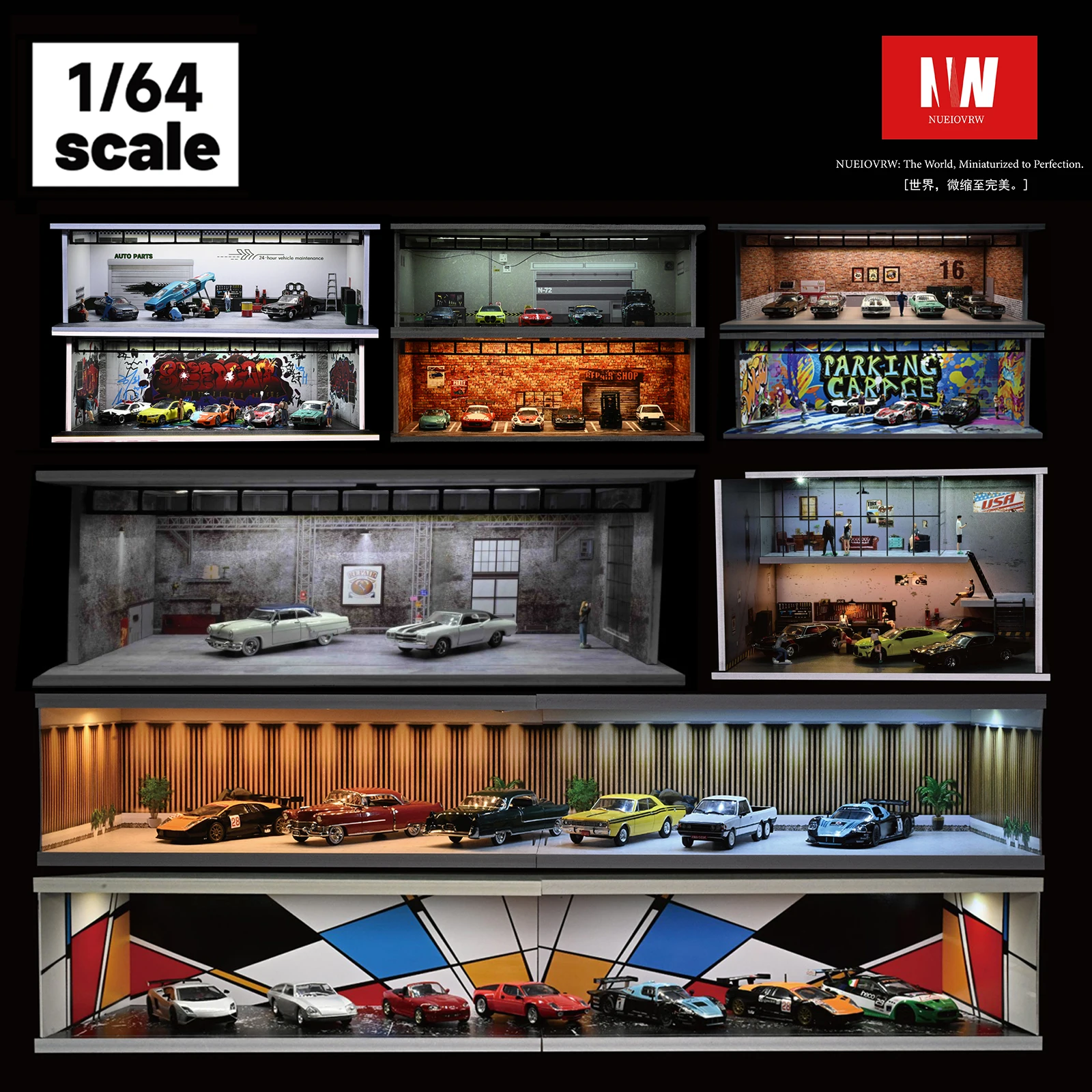 

1/64 диорама модель автомобиля гараж светодиодное освещение парковка автомобиля выставочный зал сцена дисплей модель подарочные игрушки