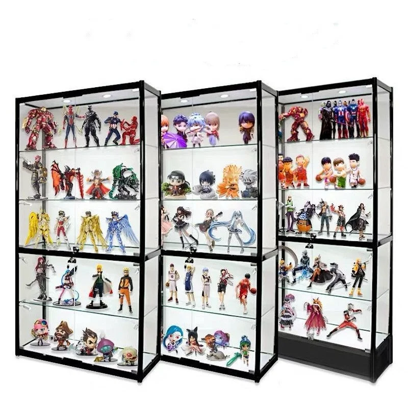 Custom. flat pack cheap tempered glass showcasedisplay toy display cabinet with LED light