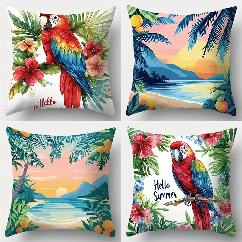 Tropical Parrot Beach Summer Pillowcase Cushion Cover Set 4pcs 40x40cm Boho Hawaiian Jungle Print Throw Pillow Decor