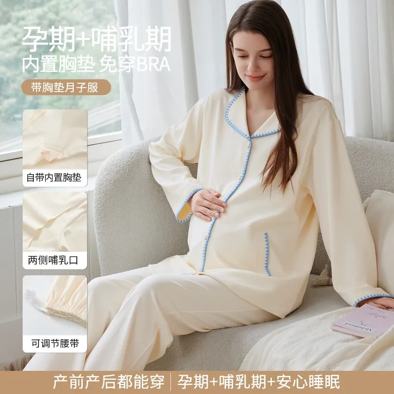 Autumn Women Maternity Nursing Pajamas Cotton Lapel Open Front Labor Gown Set with Chest Pads Pregnancy Postpartum Loungewear