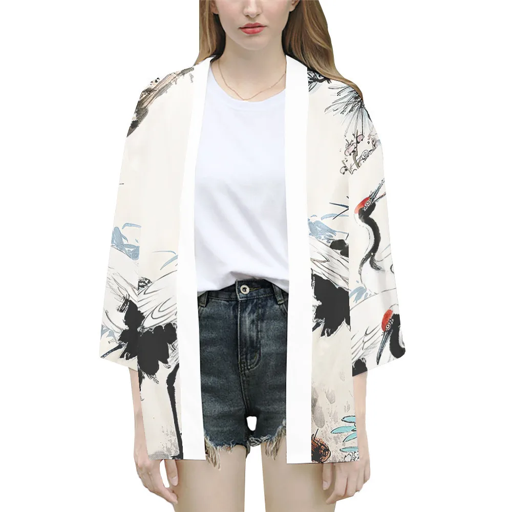 سترة على طراز الكيمونو الياباني - فضفاضة مع تطريز زهور ثلاثية الأبعاد