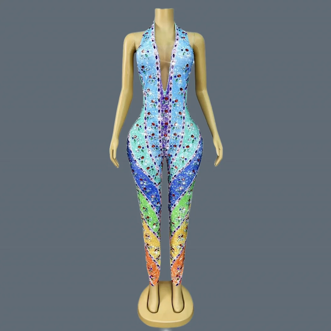 

Dance Stage Performance Fancy Wear Backless Bodycon Bodysuit Sparkly Colorful Rhinestone Jumpsuit Party Event Outfit Caiguangku