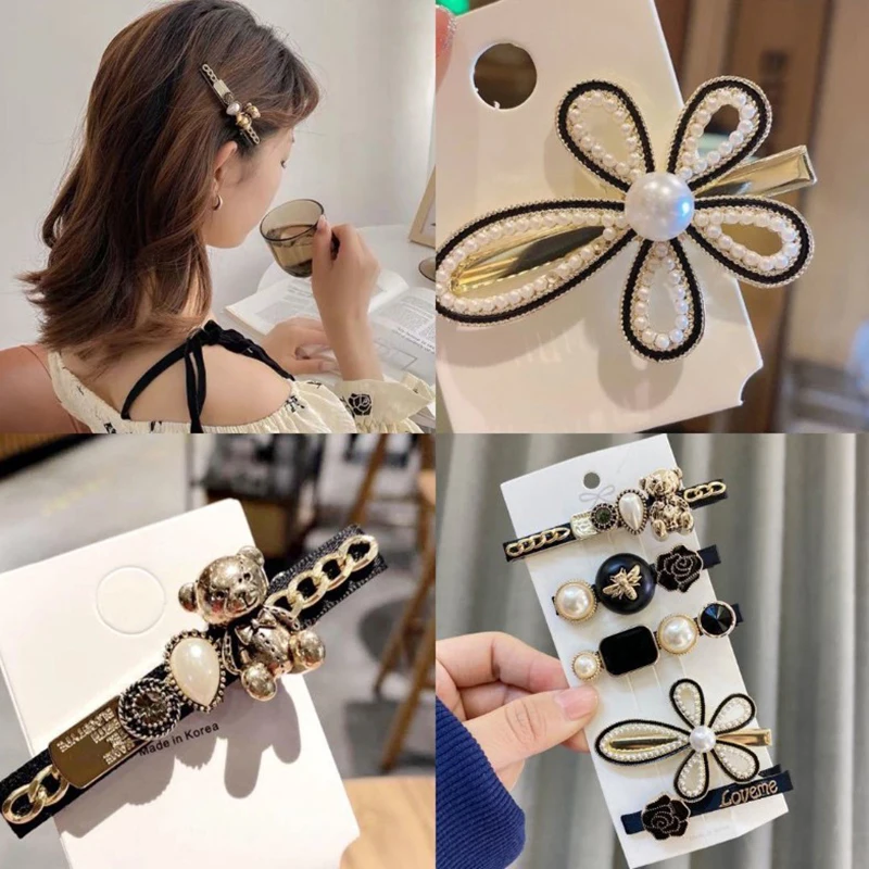 1 Set Fashion Pearl Flower Crystal Hair Clips For Women Girls Fashion Metal Hair Accessories Fish Tail Hairgrips Headwear