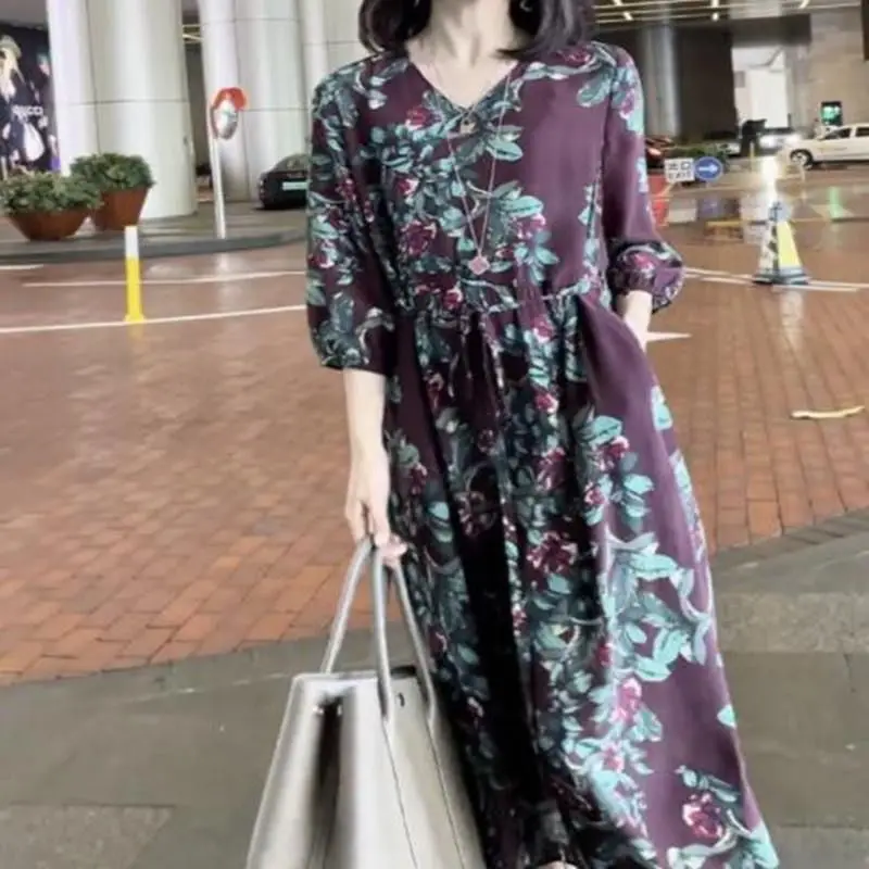 Internet Famous High-end Silk Dress Summer New Style High-end Customized Temperament Printed Double Crepe Long Sleeves Dresses