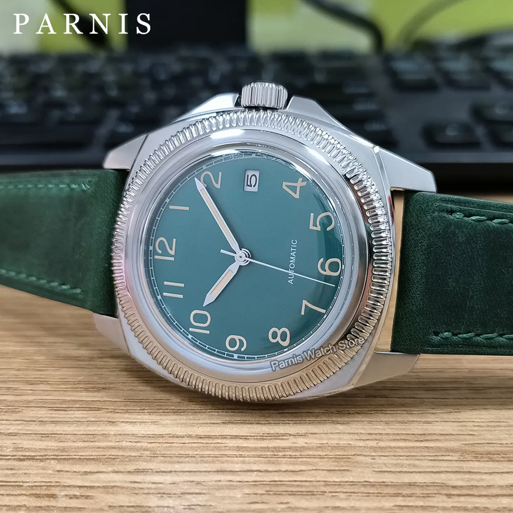 2024 New Arrival Parnis 41mm Green Dial Leather Strap NH35 Automatic Mechanical Men Watch Men's Waterproof Watches Clock