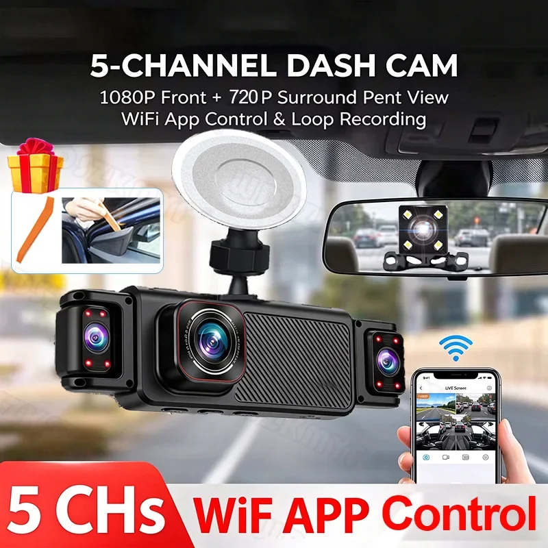 New 5 Channel 360° Panoramic Car Dash Cam WIFI 1080P Full HD Car DVR Black Box Built-in G-Sensor Emergency Lock Loop Recording