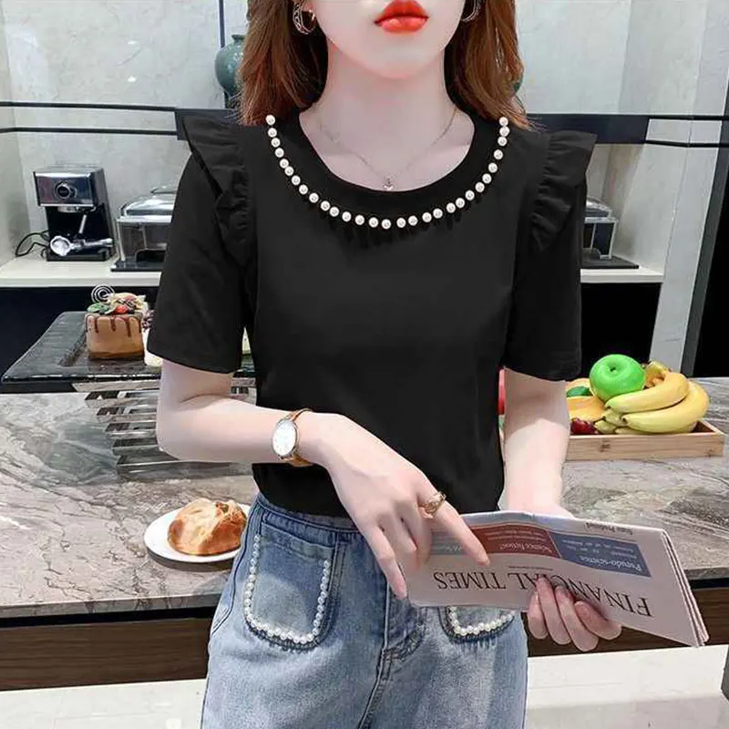 Summer Elegant Fashion Harajuku Slim Fit Female Clothes Loose Casual All Match Tshirts O Neck Patchwork Short Sleeve T-shirts