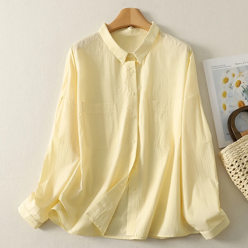 

100% Cotton 2026 New Thin Comfortable Loose Cotton Shirt Women Long Sleeve Tops Blouse Casual Streetweart