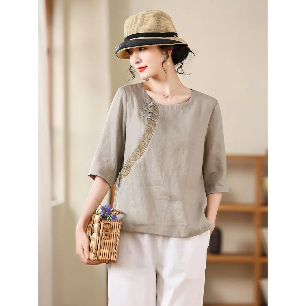 

Embroidered Cotton and Linen Shirt Women's Summer 2025 Trendy Chinese Style Loose Top with Button