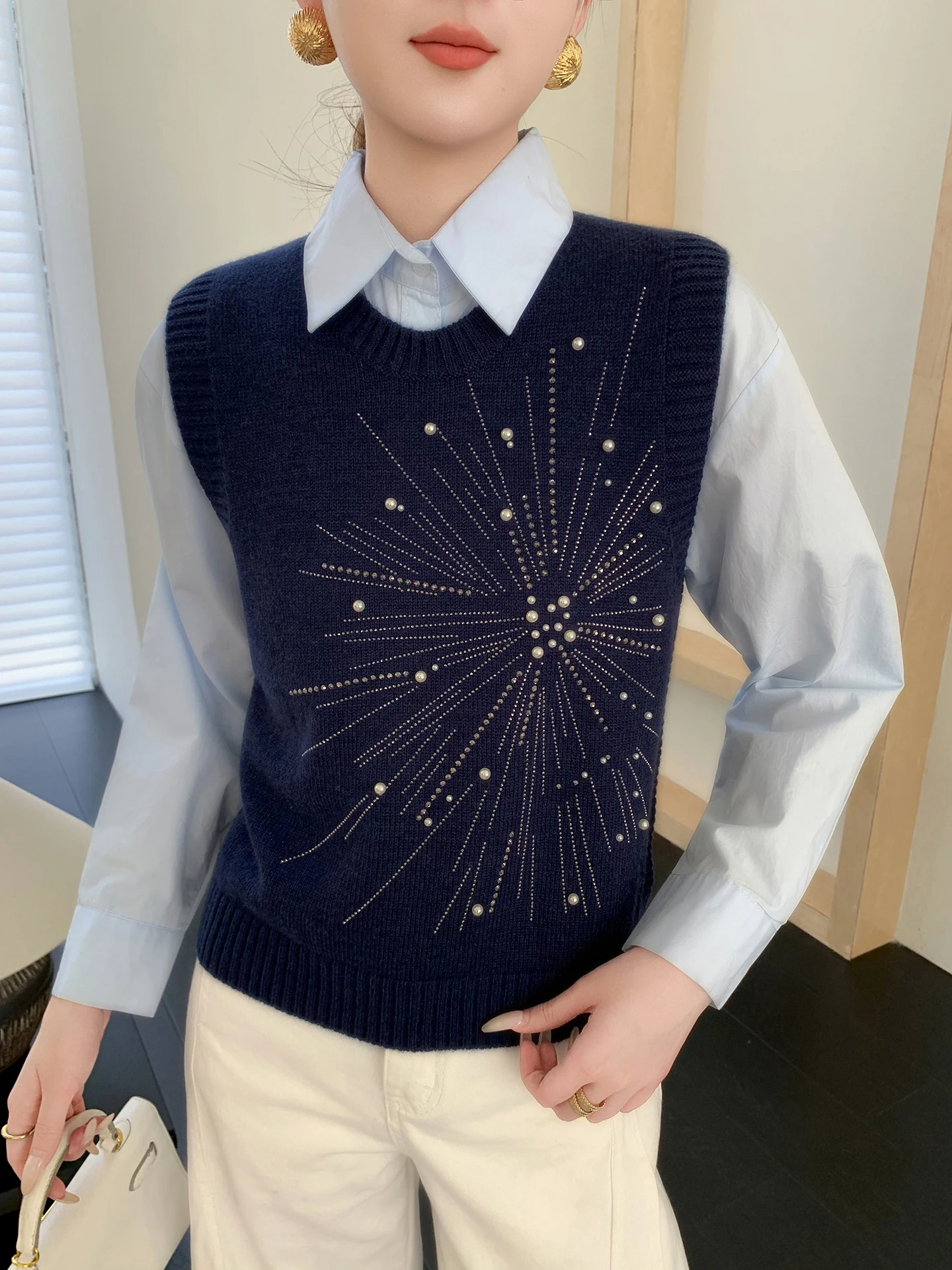 Women's Knitted Vest Heavy Embelliment Design Spring Autumn Inner Wear oulder Pad Top round Ne Regular Length LA-00