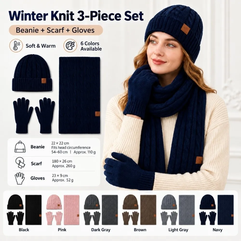 3Pcs/Set Warm Winter Hat Scarf Gloves Set Lining Thicken Scarf Neck Warmer Suit Elastic Non Slip Knit Beanie Snood Set for Men