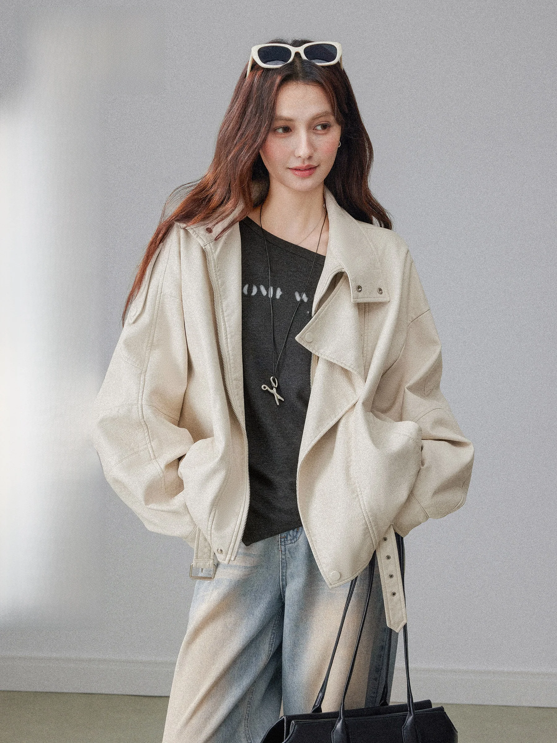 

Casual American Sle Leather Jaet Women's Spring New Design Loose Motorcycle Clothes Stand Collar Zipper Pure Color Top