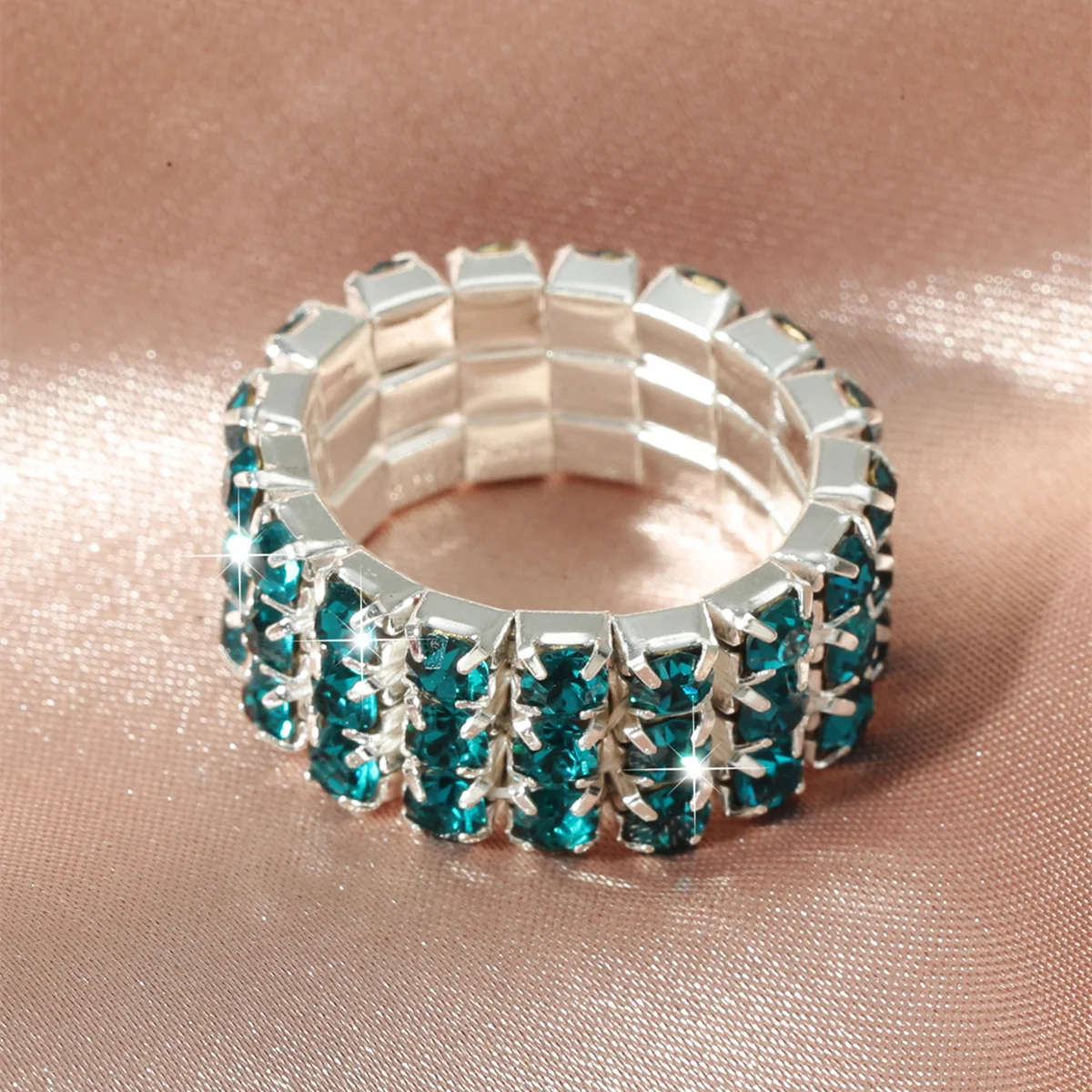 Trendy  Multilayer 3 rows Crystal Clear chain Rhinestone Sparkling Shiny Elastic Ring For Women bridal Fashion Jewelry