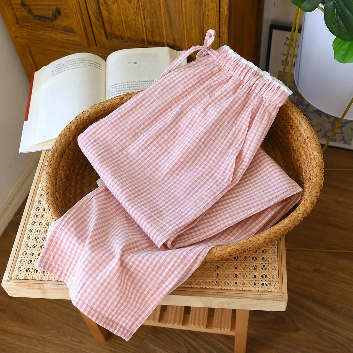 Women's Cotton Lace Plaid Wide Leg Pants Loose Casual Sleepwear for Spring And Autumn Comfortable Home Trousers