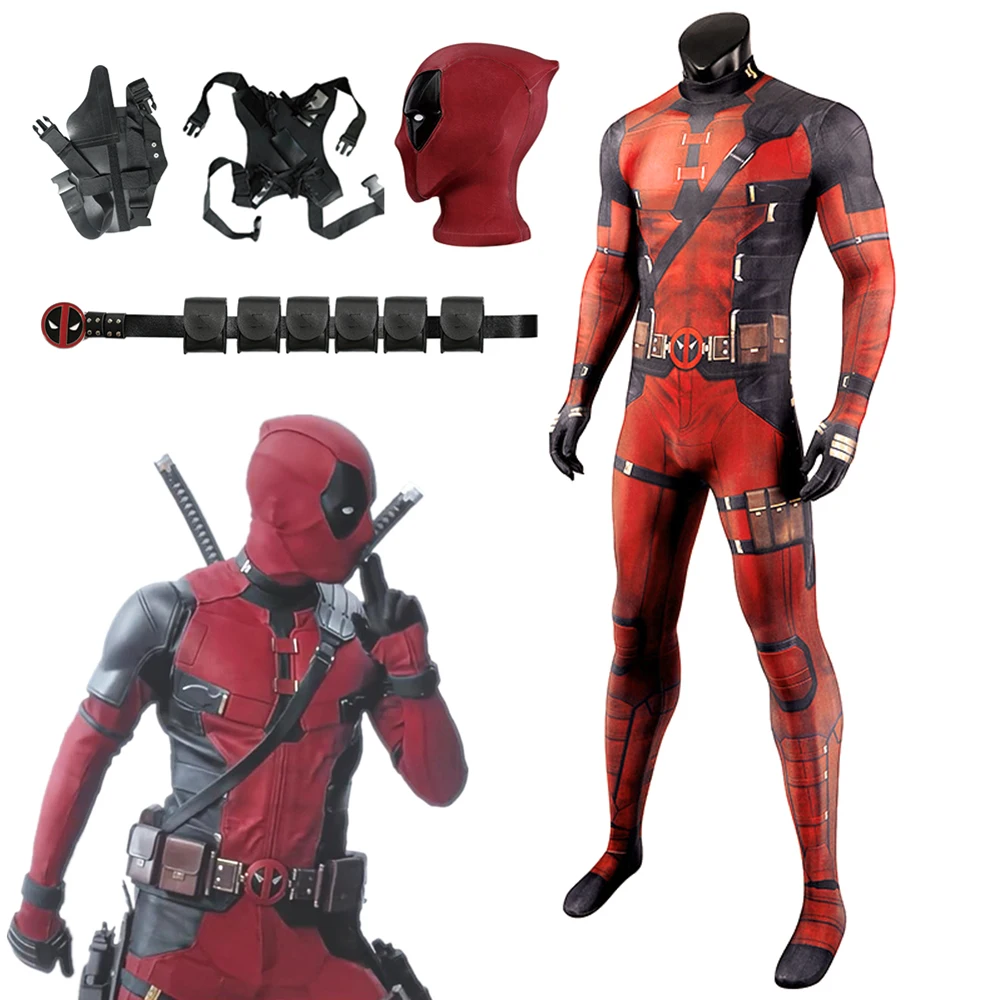 MARVEL Children's Deadpool Cosplay Costume Adults Bodysuit Jumpsuit with Accessories Head Covering Party Dress Up Clothes