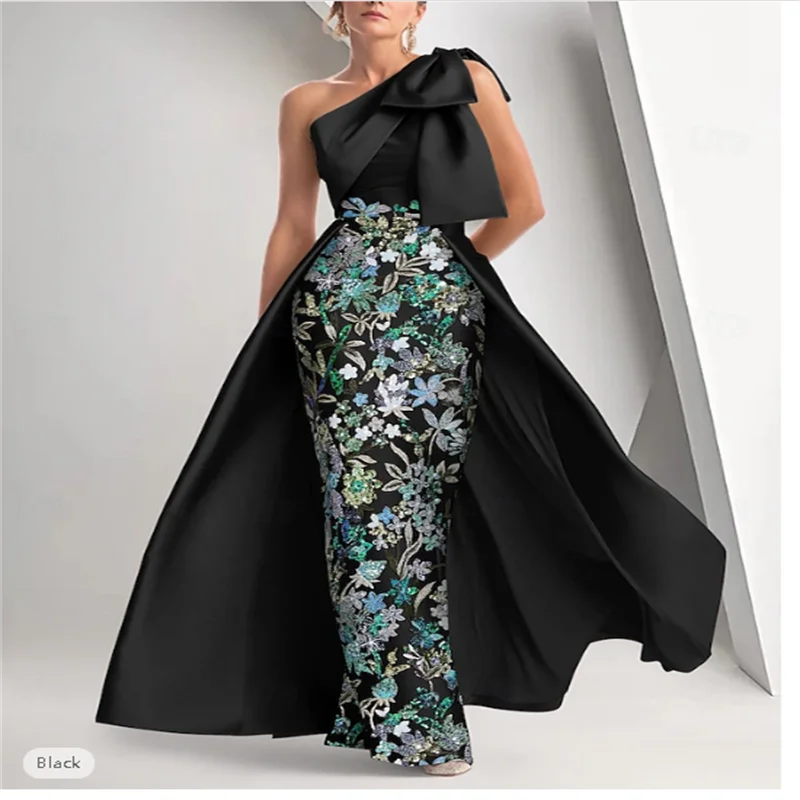 A-Line Floor Length Evening Gown Ball Gown with Overskirt Formal Dress Elegant Vintage Glittering Sleeveless One Shoulder Formal