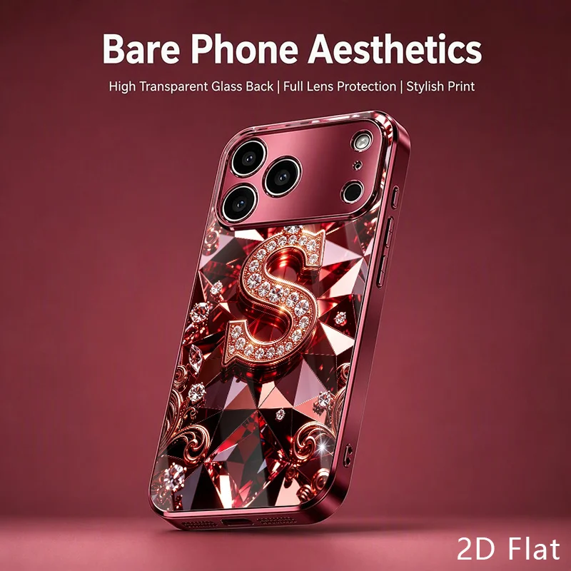 Rose letter S pattern glass phone case suitable for iPhone 18 17 16 15 14 13 12 11 Pro/Max/Plus anti drop and shockproof
