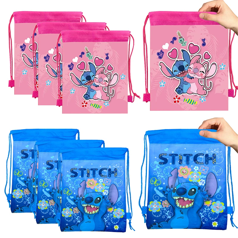 12pcs Lilo&Stitch Gift Bags Nonwovens Backpack Adjustable Drawstring Bag Pink Stitch Angel Birthday Party Decoration Gift Box