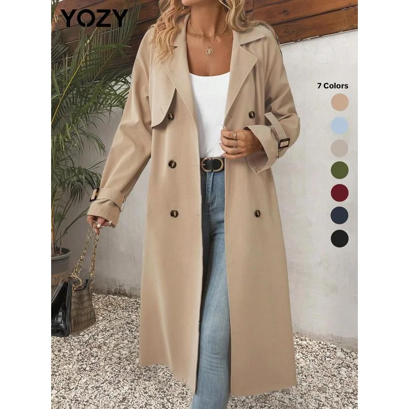 

YOZY [3 Colors, Size 4-14] Button Belted Trench Coat/ Casual Solid Lapel Collar Long Sleeve Coat, 2024 Women's Daily Wear for Fa