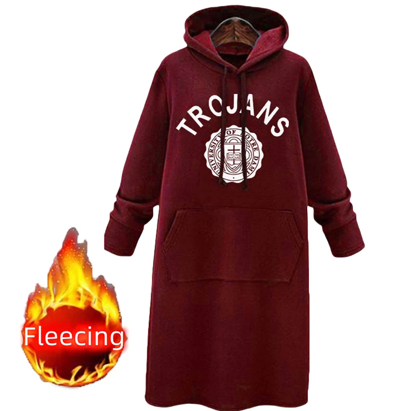 Fleecing Hooded Zip-up Sweatshirts Letter Knee Length Dress Casual Women Streetwear Winter Long Sleeve Sport Y2k Clothes