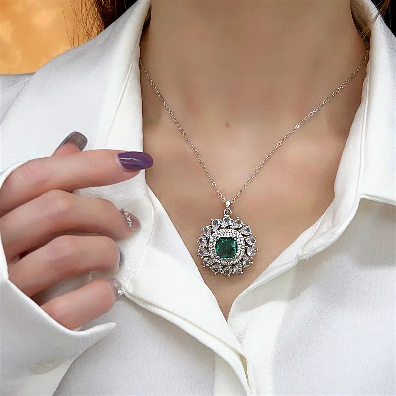 Temperament Retro Green Zirconia Adjustable Ring/Necklace/Earrings Jewelry Sets for Women\'s Birthday Party Luxury Accessories